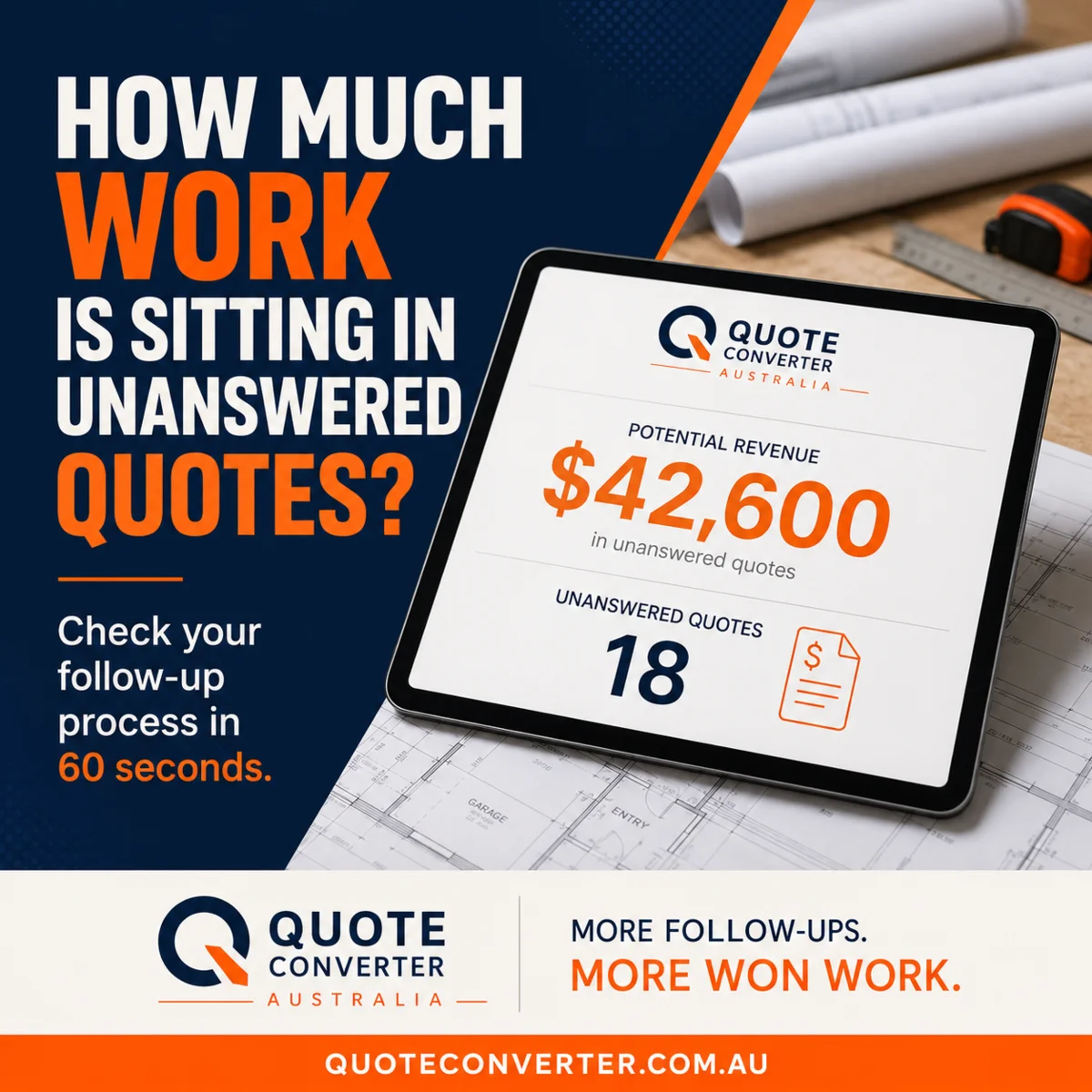 Quote Converter Australia marketing image showing a tablet with quote follow-up information.