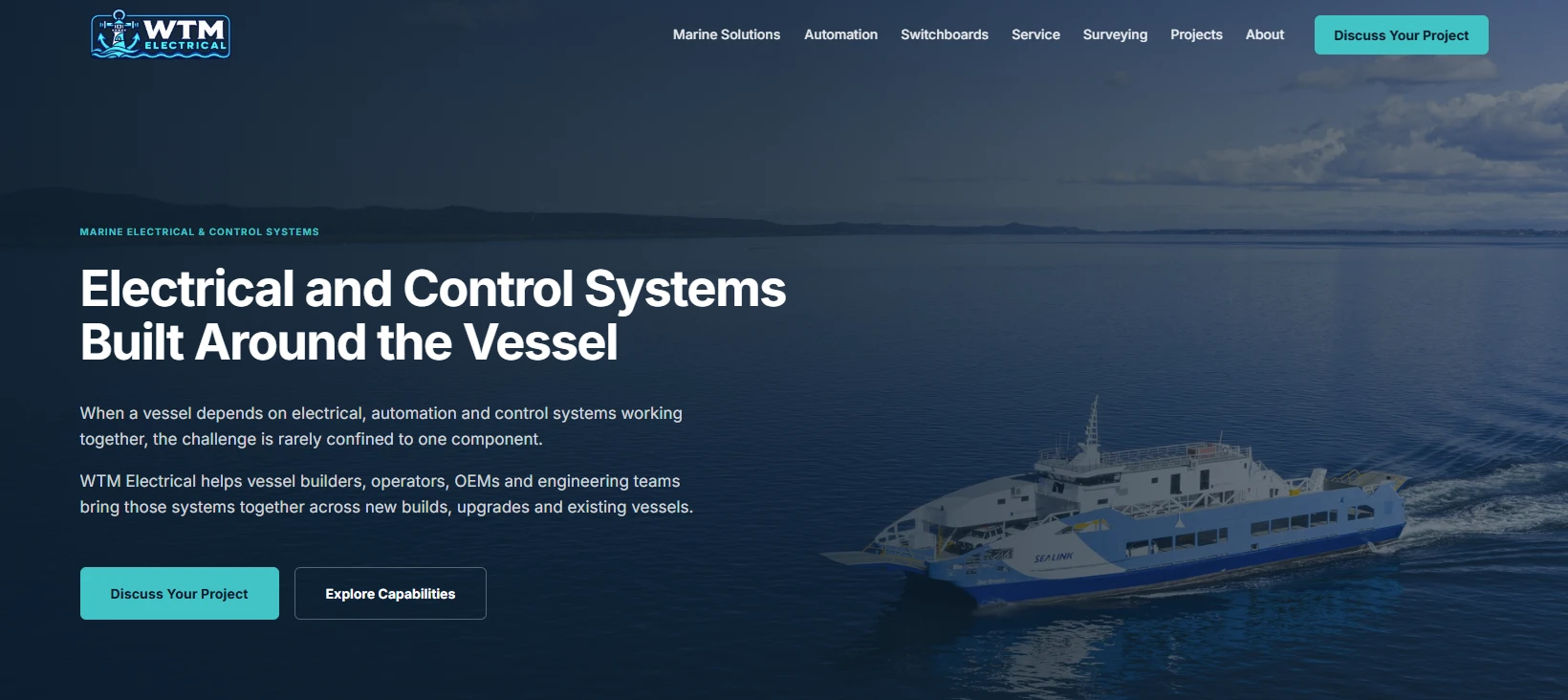 WTM Electrical homepage showing marine electrical and control systems messaging beside an aerial image of a ferry.